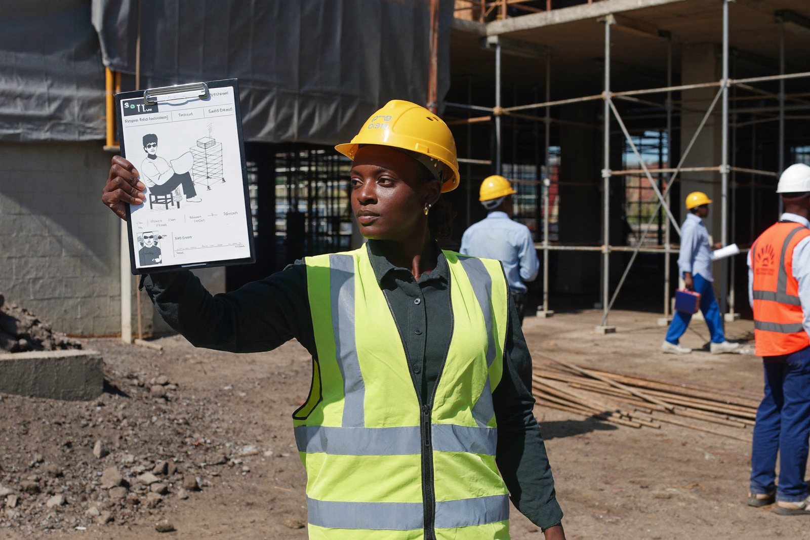 Safety officer reviewing a checklist during a construction site inspection